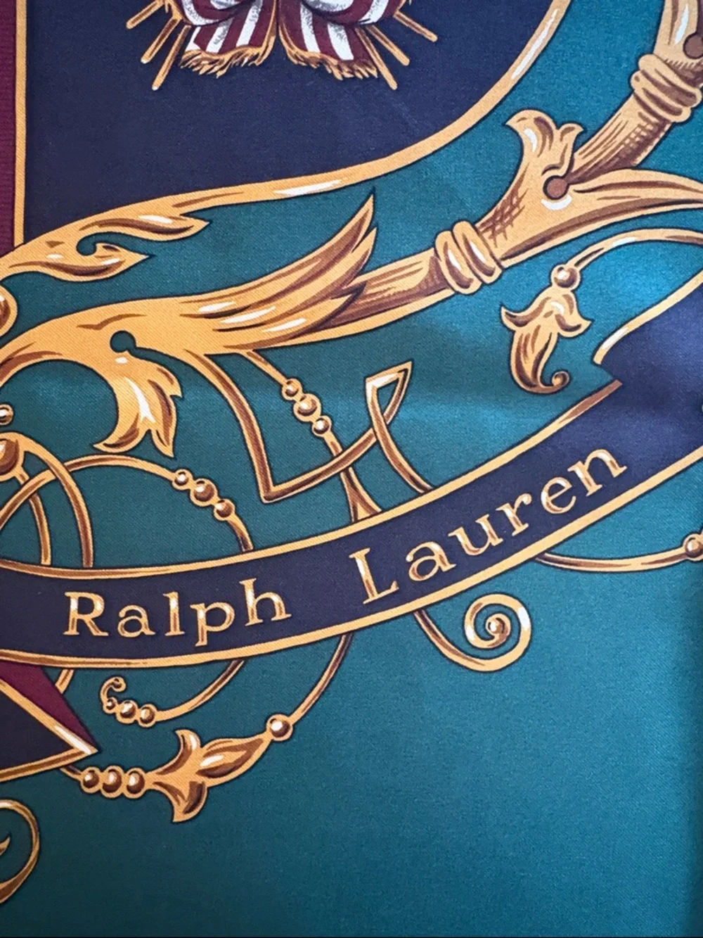 Vintage Polo Ralph Lauren Heraldic Silk Scarf - Teal, Navy, Gold, Burgundy